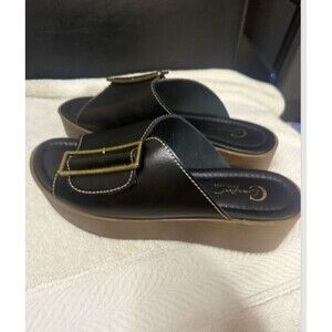 Comfort Black Leather Slides with Gold Buckle Women Size 7
